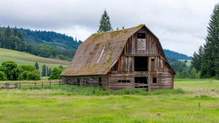 This image captures a rustic wooden barn set against a backdrop of lush green fields and rolling hills. The serene countryside scene invokes a sense of tranquility and nostalgia, showcasing nature's beauty in a rural setting.の素材
