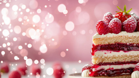 A tempting slice of raspberry cake featuring luscious layers of cream and fruit preserves, perfect for dessert enthusiasts and festive gatherings.の素材