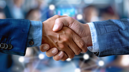 This image captures a close-up of a handshake between two professionals, symbolizing trust and partnership in a modern business environment. The blurred background emphasizes the importance of cooperation and agreement in various business dealings.の素材