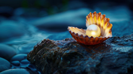 A stunning seashell featuring a lustrous pearl sits upon a rocky surface, illuminated by soft natural light, evoking a serene coastal atmosphere.の素材