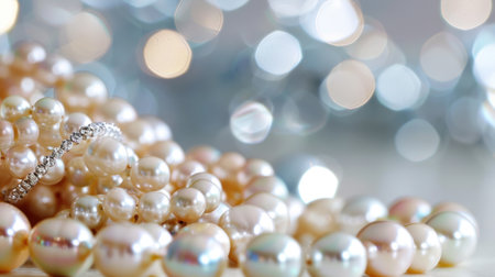 A mesmerizing arrangement of various pearls nestled on a soft surface, featuring gorgeous bokeh highlights that evoke elegance and luxury.の素材