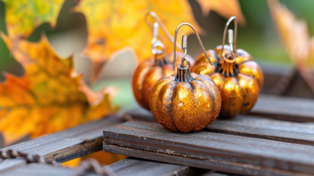 A beautiful arrangement of decorative orange pumpkin earrings resting on a wooden surface surrounded by colorful autumn leaves, capturing the essence of fall fashion.の素材