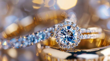 This captivating image features an elegant diamond engagement ring adorned with sparkling stones on a beautifully blurred bokeh background, evoking luxury and romance.の素材