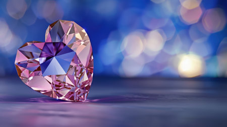 A stunning pink heart-shaped crystal sits elegantly against a soft blue background. The crystal sparkles with vibrant reflections, showcasing its exquisite beauty.の素材