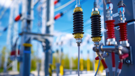 Detailed view of electric transformer components showcases essential technology in energy transmission, with a focus on safety, structure, and nature.の素材