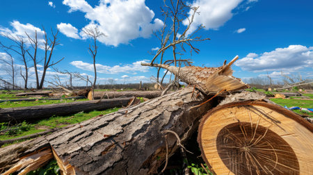 A serene landscape showcasing fallen trees in a forest following a storm, under a vivid blue sky adorned with white clouds, highlighting nature's resilience.の素材