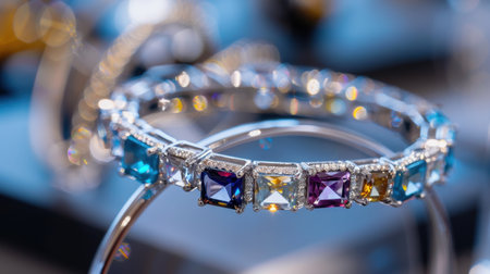 This image features a stunning bracelet adorned with colorful gemstones, showcasing meticulous craftsmanship and a luxurious aesthetic. The intricate design sparkles under perfect lighting, making it an eye-catching accessory perfect for fashion enthusiasts.の素材