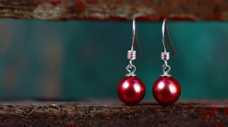 This stunning image showcases elegant red pearl earrings, beautifully crafted and hanging gracefully against a rustic wooden backdrop, radiating charm.の素材