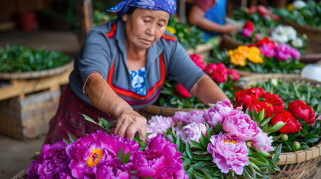 An elderly woman skillfully arranges peony flowers in a vibrant market, showcasing the beauty of local traditions and community life.の素材