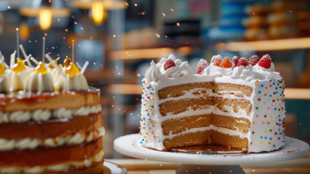 A stunning layered cake featuring rich frosting, fresh berries, and colorful sprinkles, presented in an inviting bakery atmosphere with soft lighting.の素材