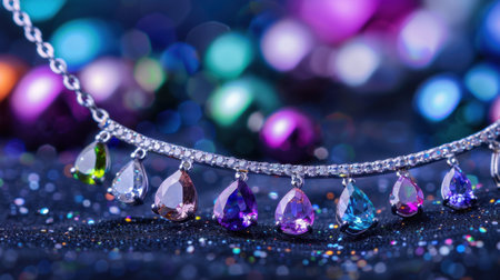 Discover the intricate beauty of this elegant necklace featuring colorful gemstones, showcased against a sparkling background, perfect for jewelry lovers.の素材