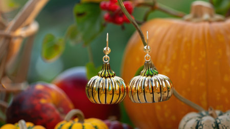 This captivating image showcases elegant pumpkin-shaped earrings in gold, set against a vibrant autumn backdrop of colorful harvest produce, perfect for seasonal fashion.の素材