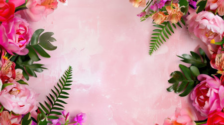This image showcases a vibrant floral frame with a soft pink background, featuring fresh blooms and lush greenery, perfect for spring-themed designs.の素材