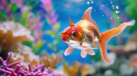 A stunning goldfish glides through a vibrant underwater scene, surrounded by colorful coral and lush plant life, showcasing the beauty of aquatic ecosystems.の素材