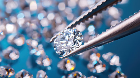 This image showcases a glistening diamond being carefully held by tweezers, surrounded by a dazzling array of diamonds, emphasizing luxury and elegance.の素材