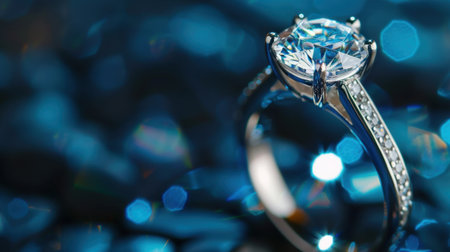This stunning close-up captures an elegant diamond ring set against a dazzling blue background, showcasing its brilliance and luxury. Perfect for jewelry showcases.の素材