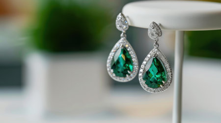 This image showcases elegant green teardrop earrings adorned with sparkling accents, beautifully displayed on a tabletop against a soft-focus background.の素材