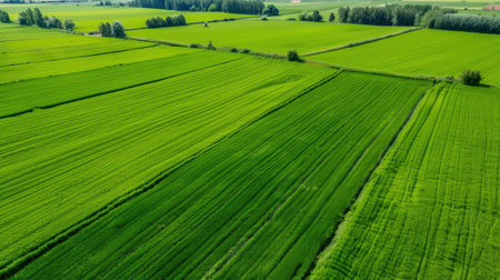 This stunning aerial photograph showcases the vibrant green rice fields during summer, highlighting the beauty of agricultural land. The rich hues of greenery create a soothing atmosphere, while the intricate patterns formed by the crops add visual interest to the landscape.の素材