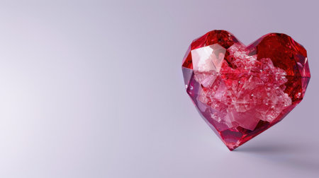 A stunning heart-shaped red crystal showcases intricate facets and reflections, set against a soft purple backdrop, perfect for symbolizing love and passion.の素材