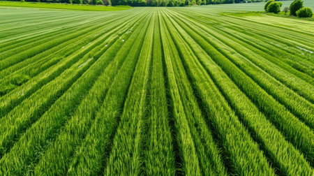 Aerial view of expansive green fields showcasing neatly arranged rows of growing crops, illustrating the beauty of nature and agricultural practices in a serene landscape.の素材