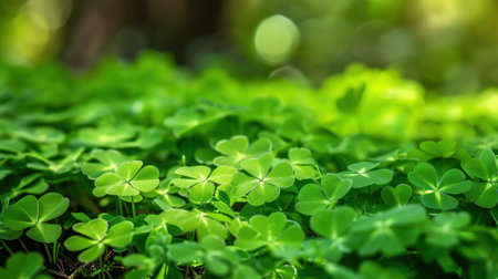 A serene scene featuring vibrant green clover plants, showcasing delicate leaves with soft focus and bokeh effects, creating a tranquil atmosphere.の素材
