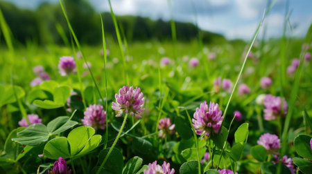 A stunning close-up of vibrant purple clover flowers in a lush green meadow, illuminated by bright sunlight under a clear blue sky. Perfect for nature themes.の素材
