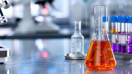 A vibrant scene inside a scientific laboratory showcasing glass flasks and test tubes filled with colorful liquids, ideal for educational and research purposes.の素材
