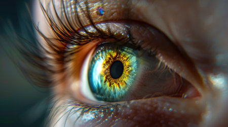 A stunning close-up of a human eye showcasing vibrant colors in the iris and intricate patterns. The photograph captures beauty and detail, emphasizing the uniqueness of vision.の素材