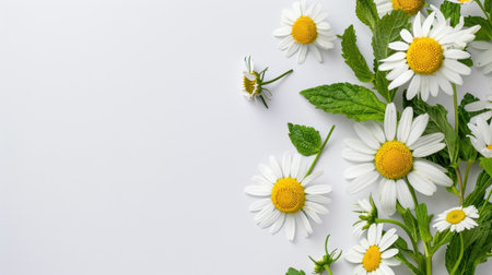 A stunning arrangement of fresh white daisies with vibrant green leaves on a clean white background. Perfect for nature themes, decorations, or floral designs.の素材