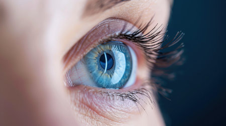 This close-up image showcases a striking human eye with a vibrant blue iris and long eyelashes. Perfect for themes of beauty, vision, and emotion.の素材