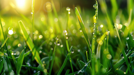 Capture the enchanting beauty of dewdrops resting on fresh green grass blades during a captivating morning. The soft bokeh effect adds a dreamy ambiance, highlighting nature's delicate details and refreshing vitality.の素材