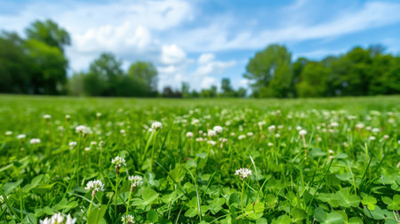 A vibrant green field filled with clovers and delicate white flowers under a bright blue sky dotted with fluffy clouds, showcasing the essence of nature.の素材