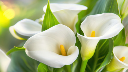 This captivating image showcases elegant white calla lilies surrounded by vibrant green leaves, perfect for floral arrangements or nature-inspired projects.の素材