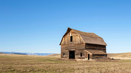A rustic wooden barn positioned in an expansive countryside area, showcasing the simplicity of rural life against a stunning blue sky.の素材