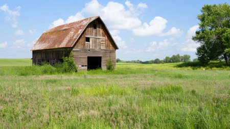 A picturesque wooden barn stands proudly in a lush green meadow, surrounded by vibrant nature and a bright blue sky filled with fluffy clouds.の素材