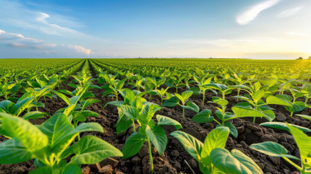 A stunning view of a green crop field filled with young plants reaching towards a clear blue sky at sunset, creating a vibrant scene of growth and serenity.の素材