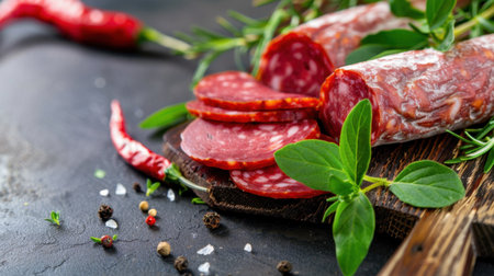 This vibrant image features sliced salami accompanied by fresh herbs and red chili peppers, perfect for culinary inspiration and gourmet recipes.の素材