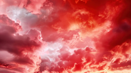 A breathtaking view of a fiery sunset sky filled with dynamic red and pink clouds, creating a stunning atmosphere perfect for artistic and scenic purposes.の素材