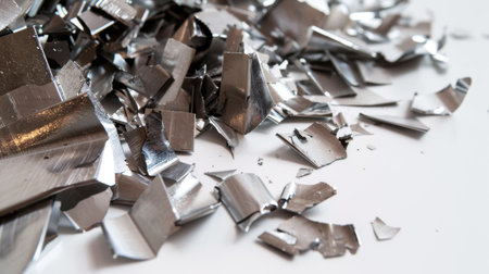 A visually striking collection of shiny metallic shavings and scraps displayed in a closeup view, highlighting their reflective surfaces and intricate textures.の素材