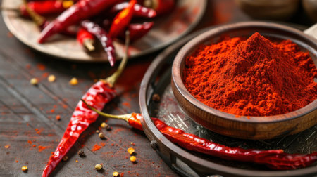 A close-up view of vibrant chili powder and whole red peppers displayed on a rustic wooden surface, showcasing rich textures and colors perfect for culinary use.の素材