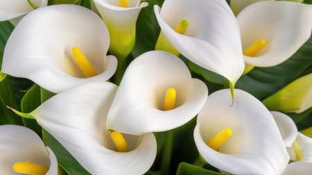 A stunning close-up view of elegant white calla lilies with vibrant yellow stamens, arranged beautifully against lush green leaves, perfect for spring decor.の素材