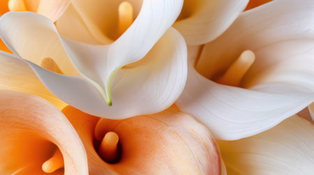 A visually stunning close-up image of soft white and orange calla lily petals, showcasing intricate details and vibrant colors, ideal for floral design themes.の素材