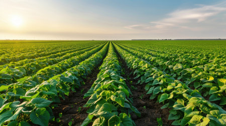 Expansive view of a green crop field stretching toward the horizon under a bright sky during sunset, showcasing the beauty of agriculture and nature's tranquility.の素材