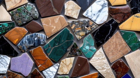 A vibrant arrangement of fine stone pieces displays an array of textures and colors, perfect for artistic backgrounds or luxurious designs. Ideal for creative projects.の素材