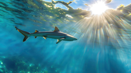 A stunning image of a shark gliding effortlessly through clear tropical waters, illuminated by radiant sunlight rays, showcasing underwater beauty and serenity.の素材