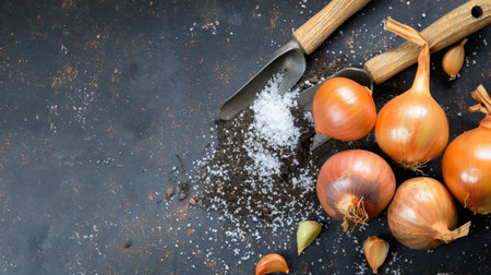 This image features fresh onions and sea salt resting on a dark rustic surface, accompanied by gardening tools, creating a perfect atmosphere for cooking.の素材