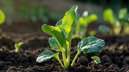 A vibrant green seedling thrives in dark, fertile soil, illuminated by natural sunlight, symbolizing growth and the beauty of organic gardening.の素材