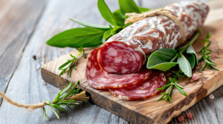 A beautifully arranged salami log on a wooden cutting board, accompanied by fresh herbs and spices, perfect for gourmet platters or culinary displays.の素材