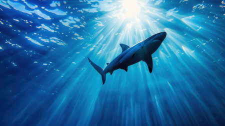 A stunning view of a shark swimming in the clear ocean water, illuminated by radiant sunlight filtering down from above, capturing the beauty of marine life.の素材