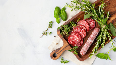 A vibrant assortment of freshly sliced salami sits atop a wooden board, surrounded by aromatic herbs like basil and rosemary, perfect for culinary creativity.の素材